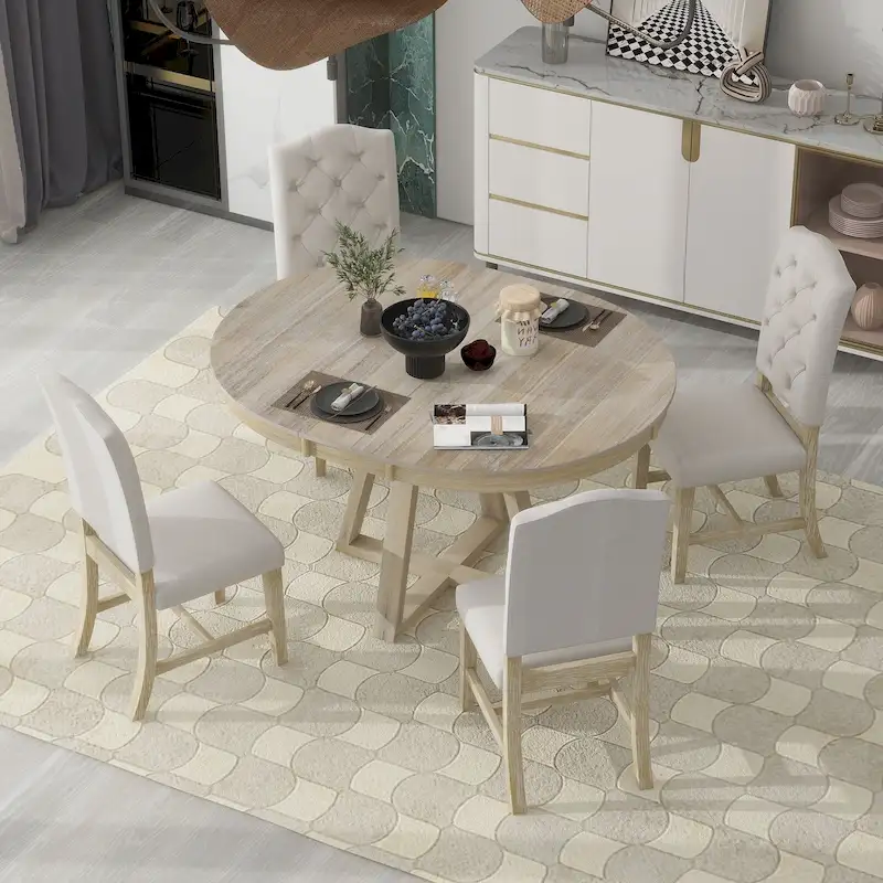 5 Piece Extendable Round Dining Table Set, Wooden Kitchen Furniture Set with Removable Leaf and 4 Upholstered Chairs