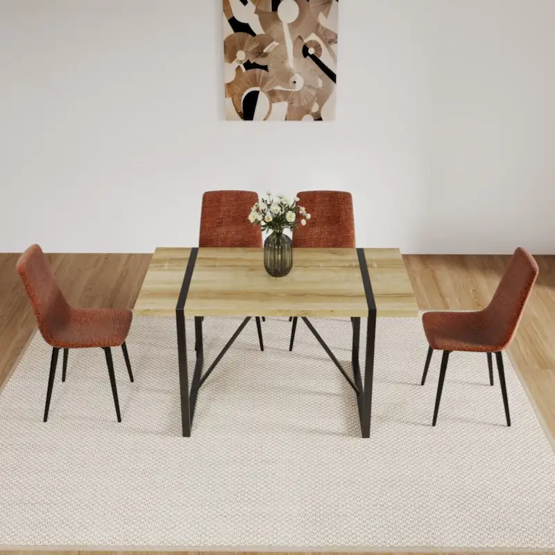 MDF Wood Colour Dining Table and Modern Dining Chairs Set of 4, Dining Room Table and Linen Chairs