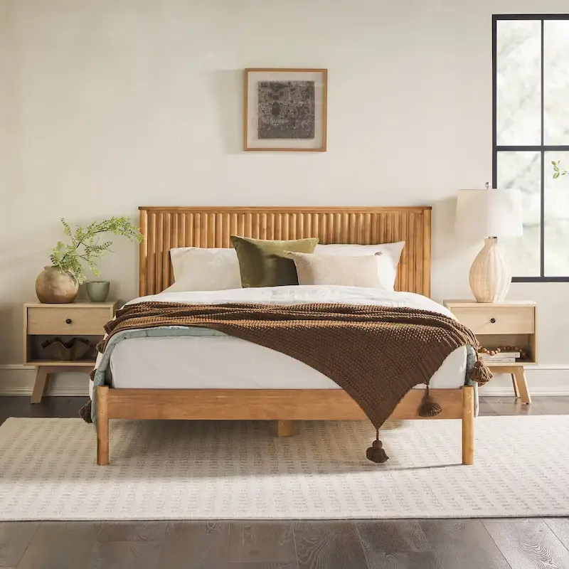 Reeded Headboard Solid Pine Queen Bed Frame