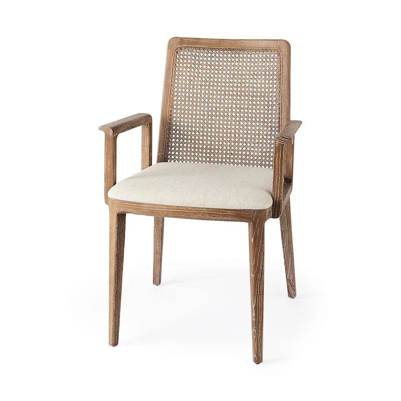 Cream Fabric Seat and Cane Back Solid Wood Dining Chair