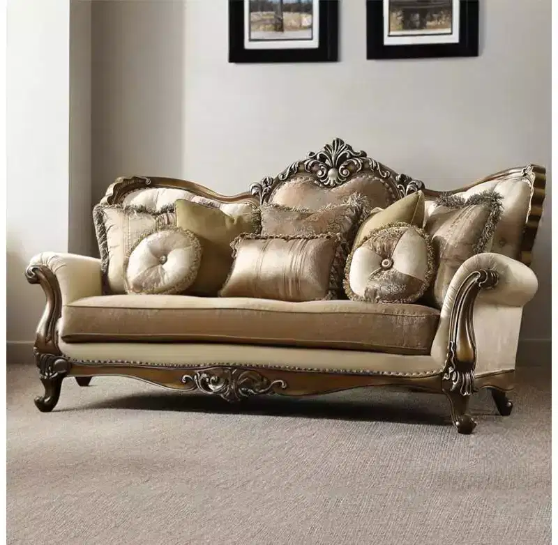 Acme Furniture 88 Latisha Fabric Pattern Sofa Tan/Antique Oak: Includes 4 Pillows, Nailhead Trim, Wood Frame