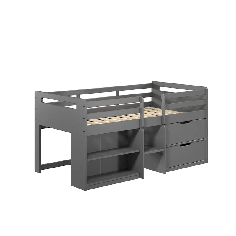 Twin Size Solid Wood Low Loft Bed with Storage Drawer and Fence for Kids