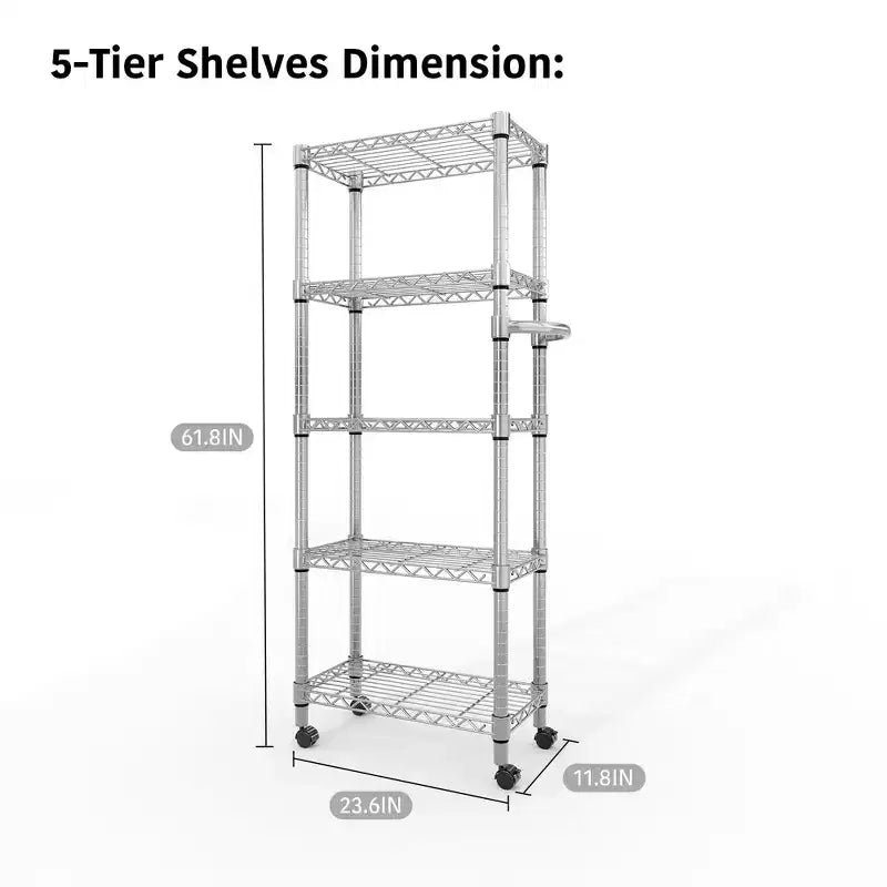 61-Inch Metal Storage Rack with Wheels, 5-Tier Adjustable Wire Mesh Rack with Side Handles, Rolling Shelving Unit for Kitchen and Home, Silver