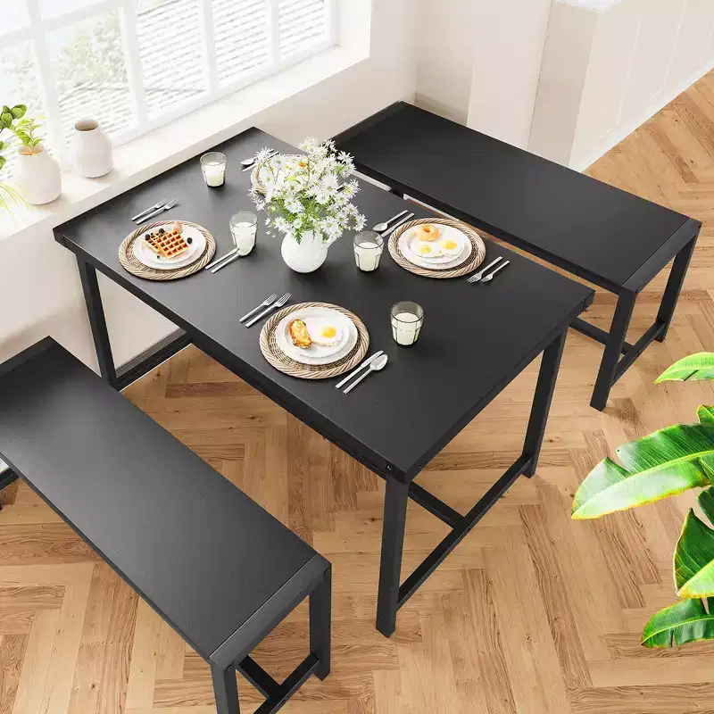 Dining Table Set for 4, Kitchen Table with 2 Metal Wood Benches, Rectangular Room Dining Table Set, for Small Space, Apartment, Studio, Rustic Black
