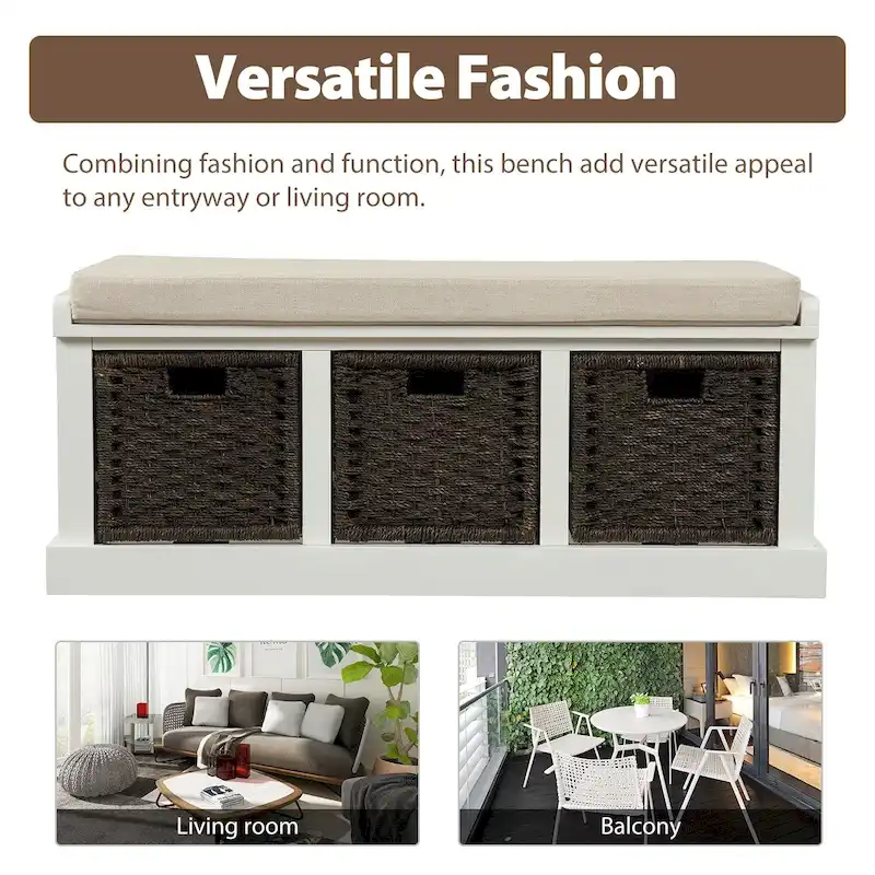 TREXM Rustic Storage Bench with 3 Removable Rattan Basket