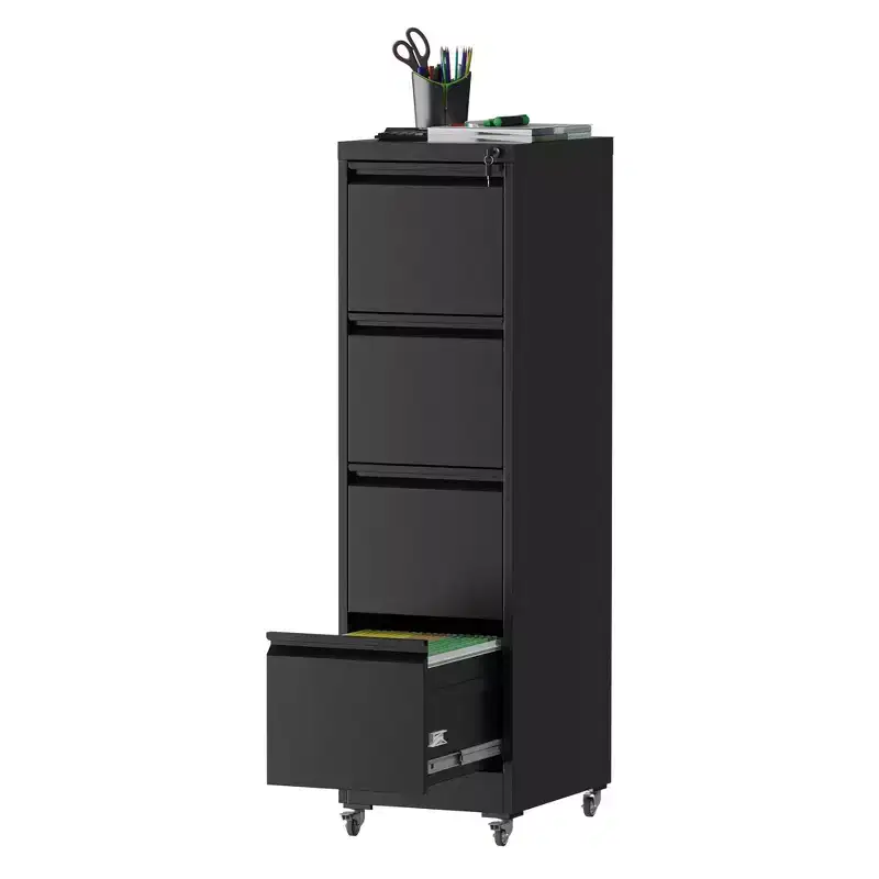 VIYET 52H 4-Drawer Locking Vertical File Cabinet on Wheels, Black Heavy-Duty Metal Cabinet for Home/Office, Fits Legal/Letter