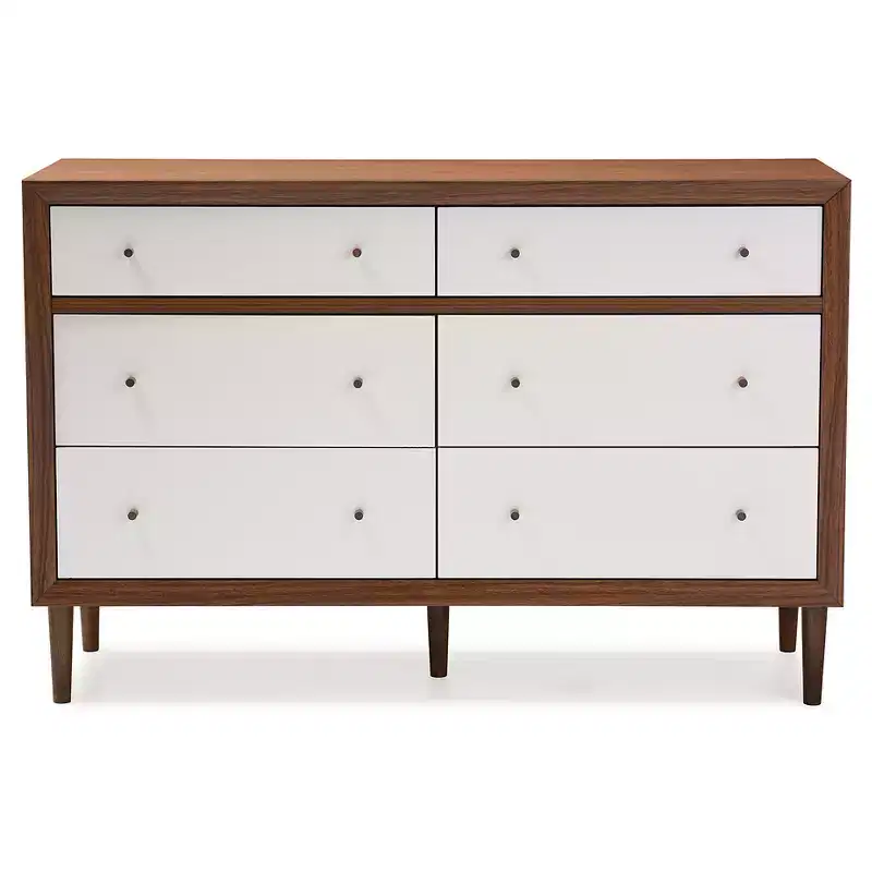 Harlow Mid-Century 6-Drawer Dresser �C White & Walnut, Splayed Rubberwood Legs