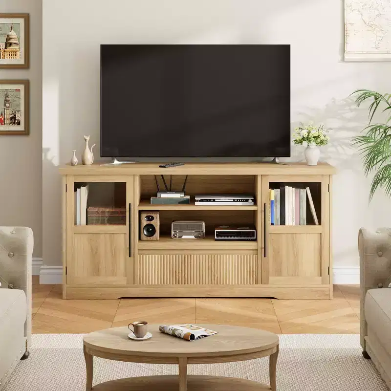 Wave Pattern TV Stand with Glass Door Cabinets – Fits TVs up to 72 in. (Natural)