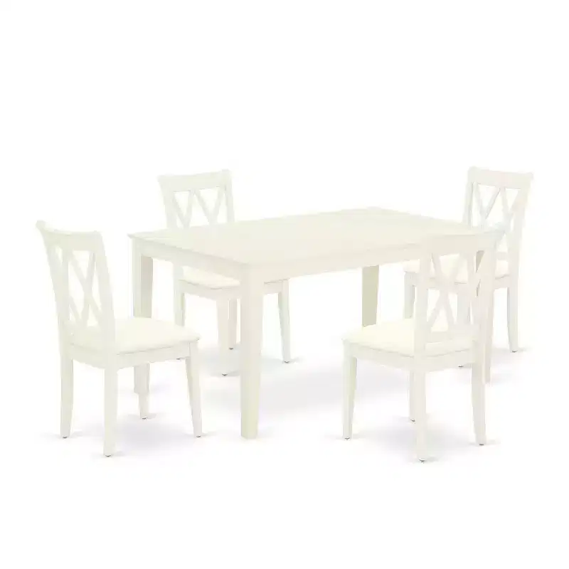 5Pc Dinette Set - Rectangle Table & 4 Kitchen Chairs - Linen White Finish - Modern Dining Room Set