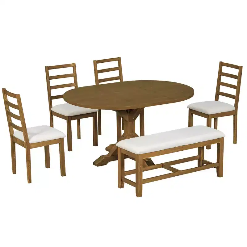 GDFStudio Zayd 6 Piece Dining Set with Extendable Pedestal Table, Ladder Back Chairs and Bench