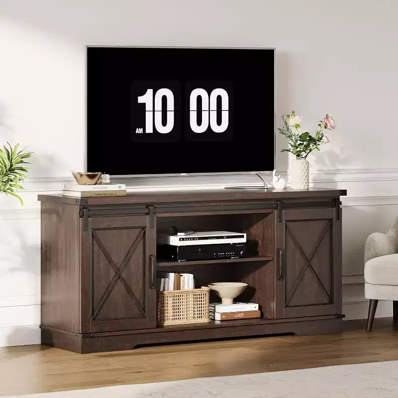 TV Stand for 65 TVs with Sliding Barn Doors, Adjustable Shelf and Storage Cabinet