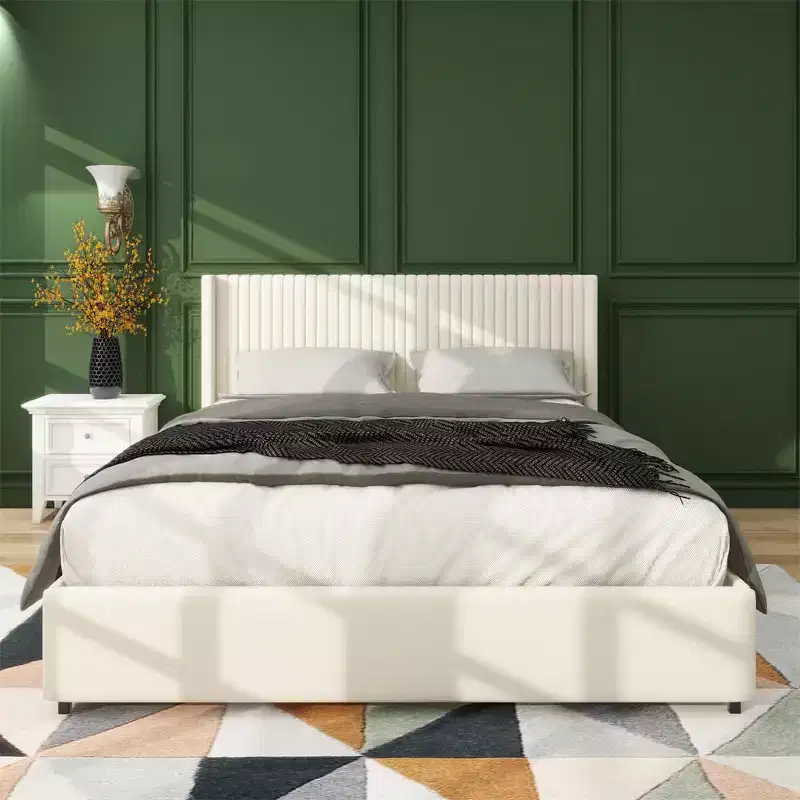 Upholstered Queen Bed, Velvet Queen Size Bed with Modern Design Headboard, Tight Channel, Wooden Slat Mattress Support