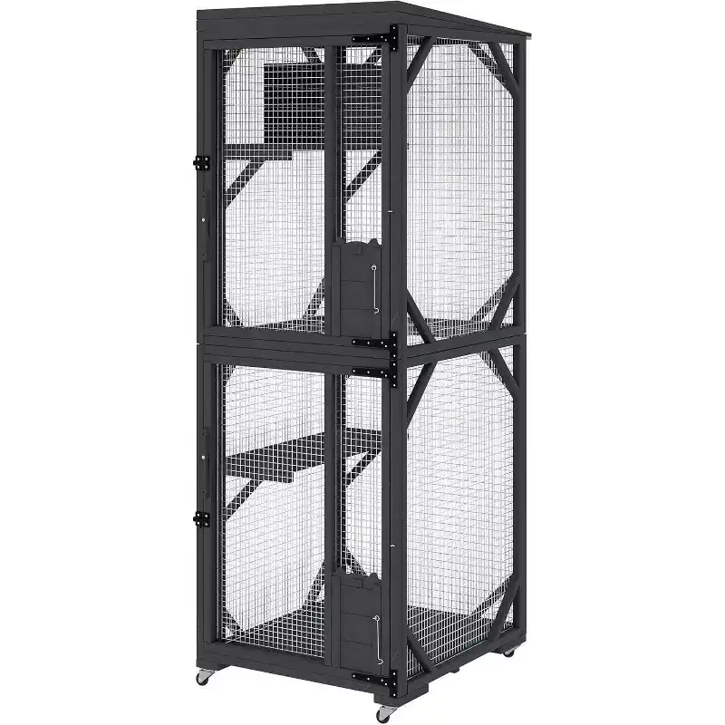 Acekool Outdoor Cat House with Wheels, Spacious Walk-in Wooden Catio Kennel for Yard or Garden