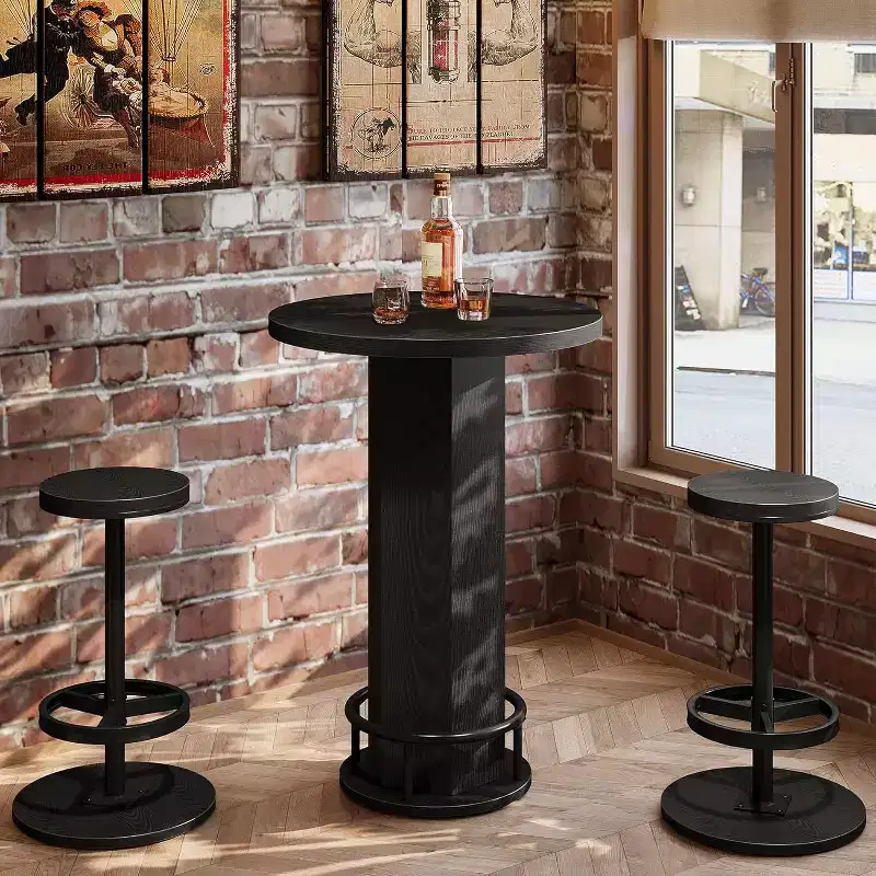 Lantine 3-Piece Dining Table Set for 2, Small Round Kitchen Table with 2 Chairs, Black Counter Height Pub Table for Small Space, Apartment, Bistro