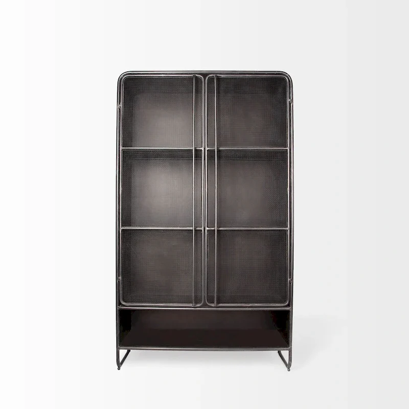 Dark Brown Polished Metal w/ Mesh Doors Display Cabinet