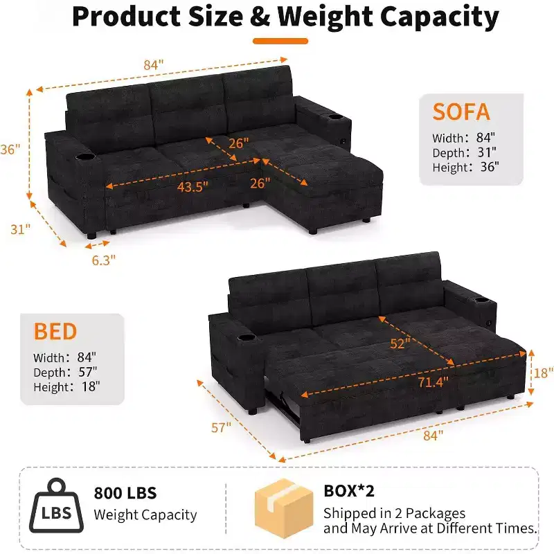 84'' Sofa Bedl-Shaped Sectional Sleeper Sofa with Pull Out BedReversible Storage Chaises Hidden Storage ArmrestsCup Holders & USB Charging Ports