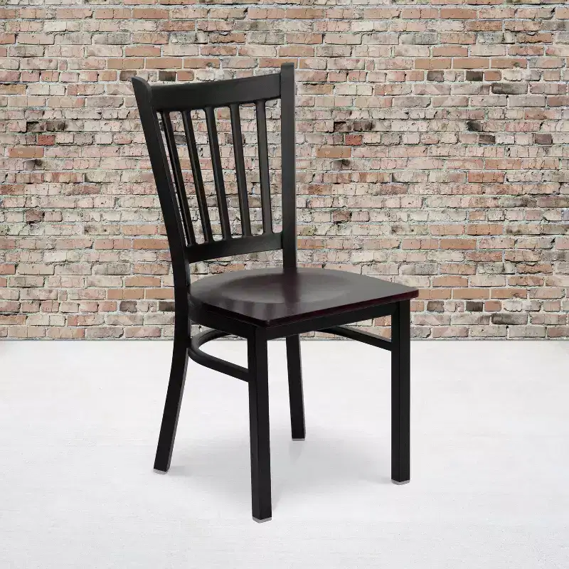 Black Metal Dining Chair with Mahogany Wood Seat, Set of 4