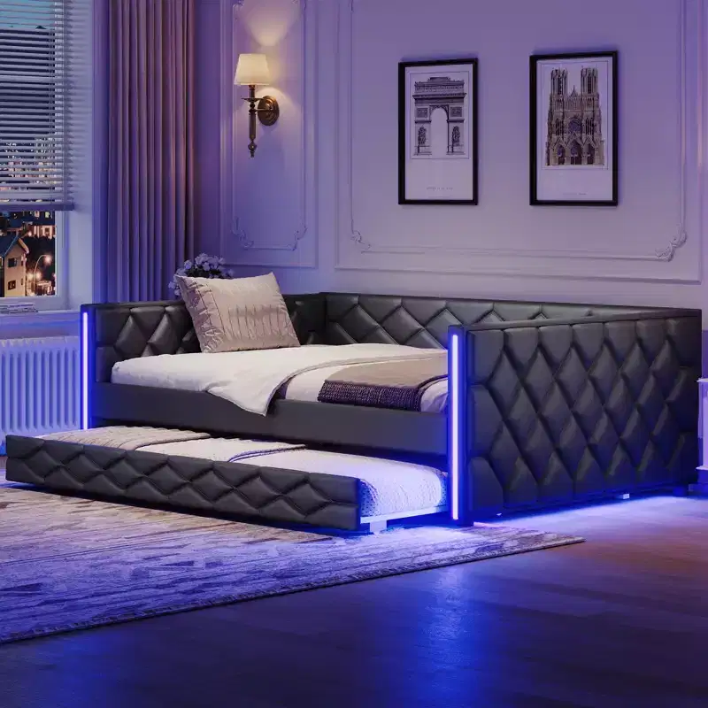 Full XL Size PU Leather Day Bed Frame with Trundle, Upholstered Daybed with Armrests, Sofa Bed for Bedroom Living Room