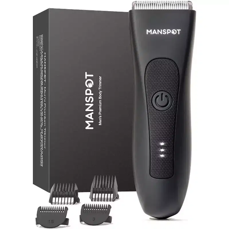 Manspot Groin & Body Hair Trimmer for Men with 4 Guard,Replaceable Ceramic Blade Heads,Waterproof Wet/Dry Shaver, Black