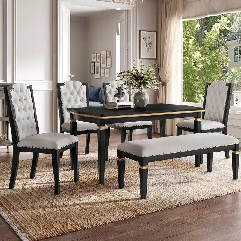 MAYEERTY 6-Piece Dining Set, 60 Table, 4 Tufted Chairs & Bench