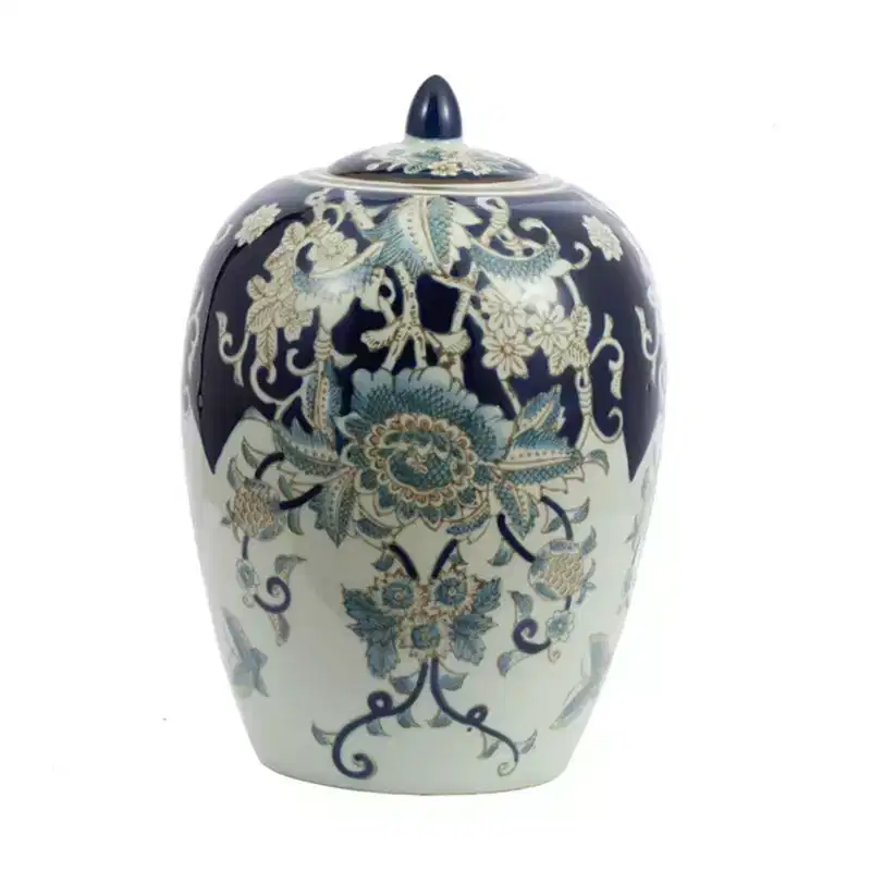 NAYSAYE Round Porcelain Accent Jar with Gold Accents Decorative Storage for Coffee Table Sideboard Dresser, White Blue, 7.9*7.9*11.4