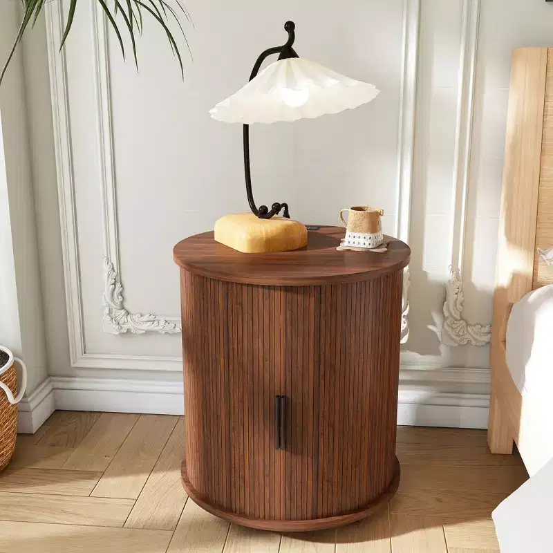 JVNOXK Medieval-inspired modern cylindrical side table with charging station and sliding door for storage, suitable for bedrooms, walnut