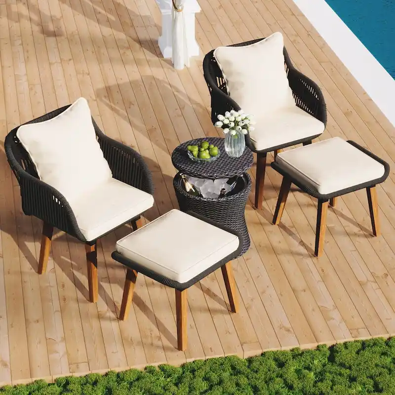 5 Pieces Patio Conversation Set with Cool Bar Table and Ottomans