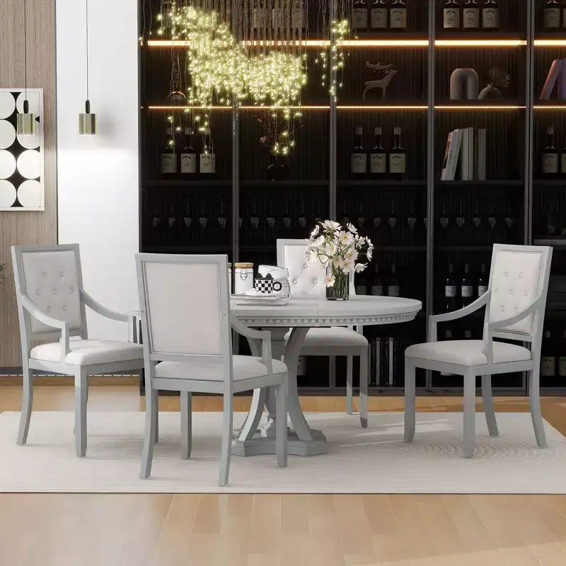Whisen Farmhouse 5-piece Extendable Round Dining Set with 4-Upholstered Armchairs