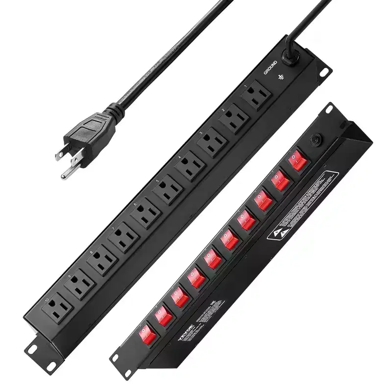 VEVOR 1U PDU, 10 Outlets, Rack Mount Power Strip Fits Standard 19 Server Racks, with Independent Switch Surge Protection, Black