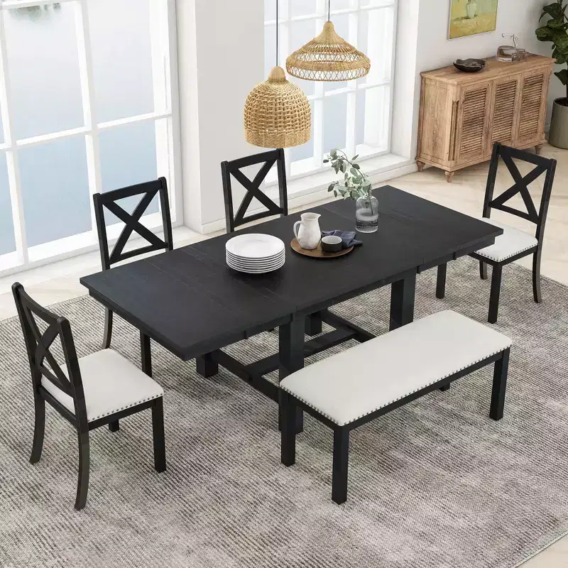 Whisen Farmhouse 6-Piece Extendable Dining Table with 4 Upholstered Chairs and Bench