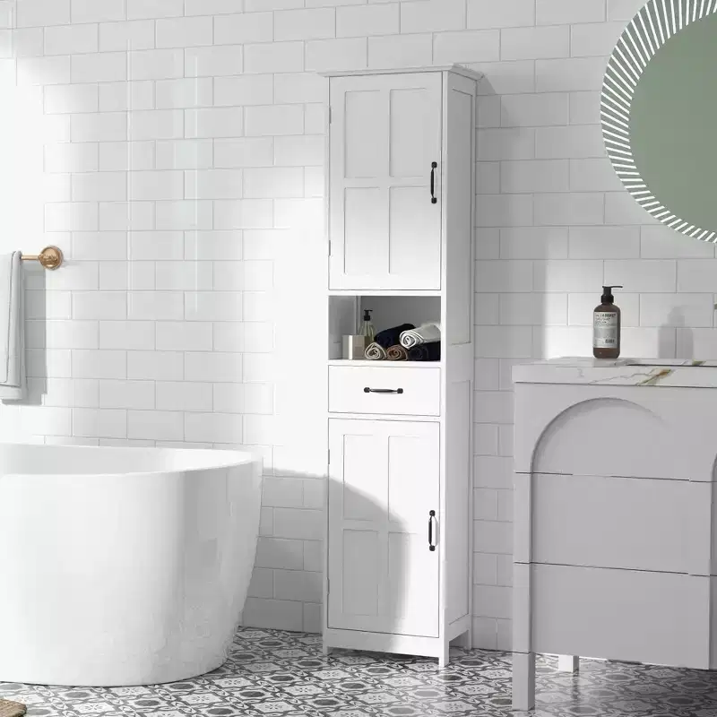 kleankin Slim Bathroom Storage Cabinet, Tall Bathroom Cabinet, Linen Tower with Open Shelf, Drawer, Recessed Doors, and Adjustable Shelves, White