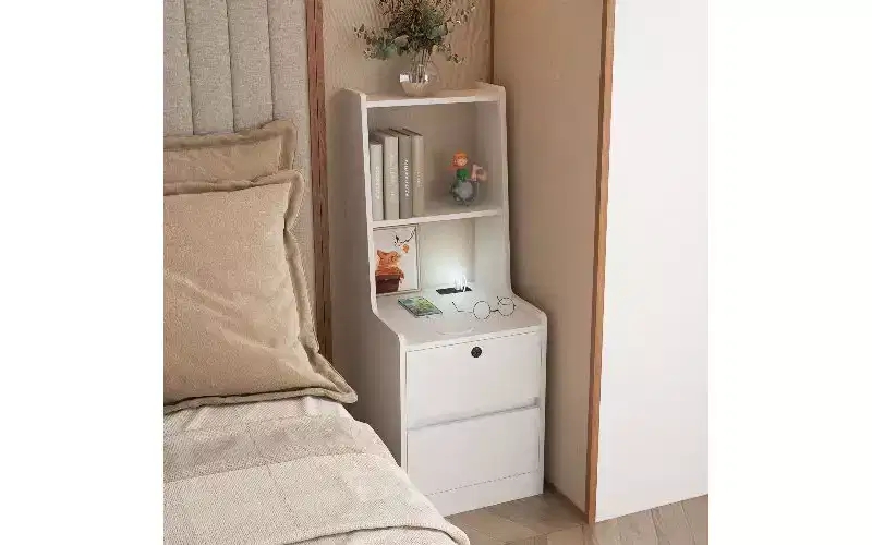 TUYOHW Tall Storage Nightstand with Night Light & Charging Station, Side Table with Bookshelf, Modern Bedside Tables with Storage Cabinet for Bedroom
