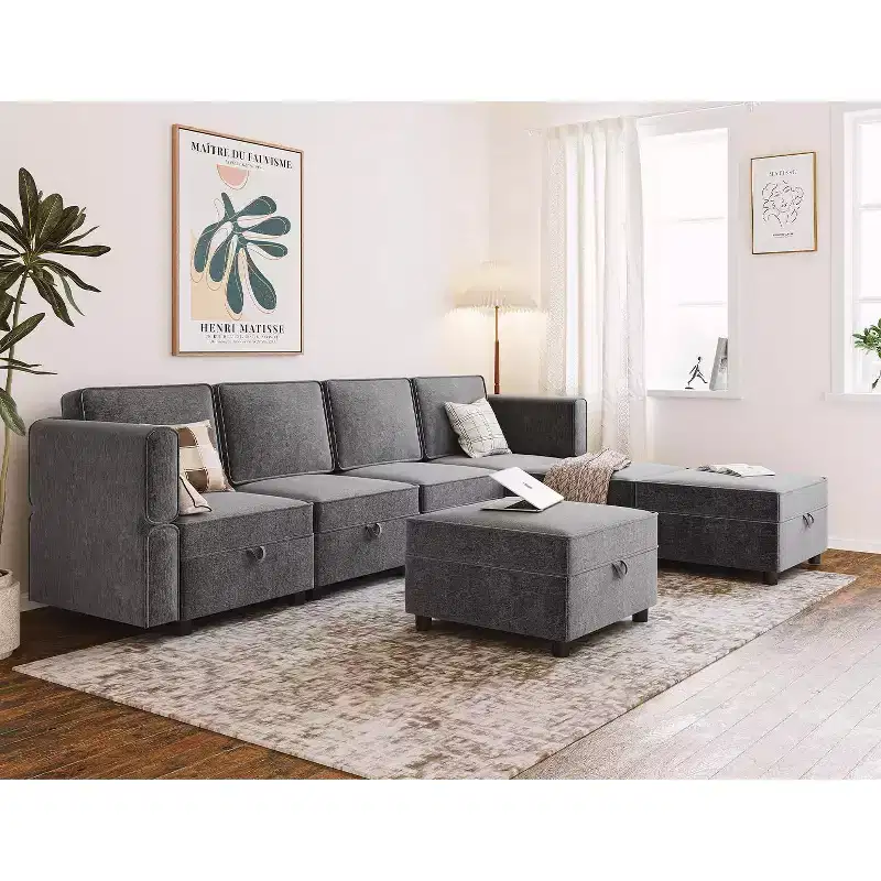 Sofa, 7-Seat U-Shaped Modular Sectional with Ottomans  Chenille Sleeper Couch with Storage/Chaise Adjustable Backrest for Living Room Grey