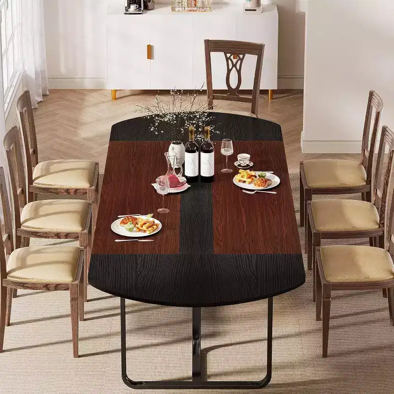 Lantine 70.86-Inch Modern Oval Dining Table for 6-8, Walnut and Black Finish Kitchen Table with Metal Legs for Dining Room