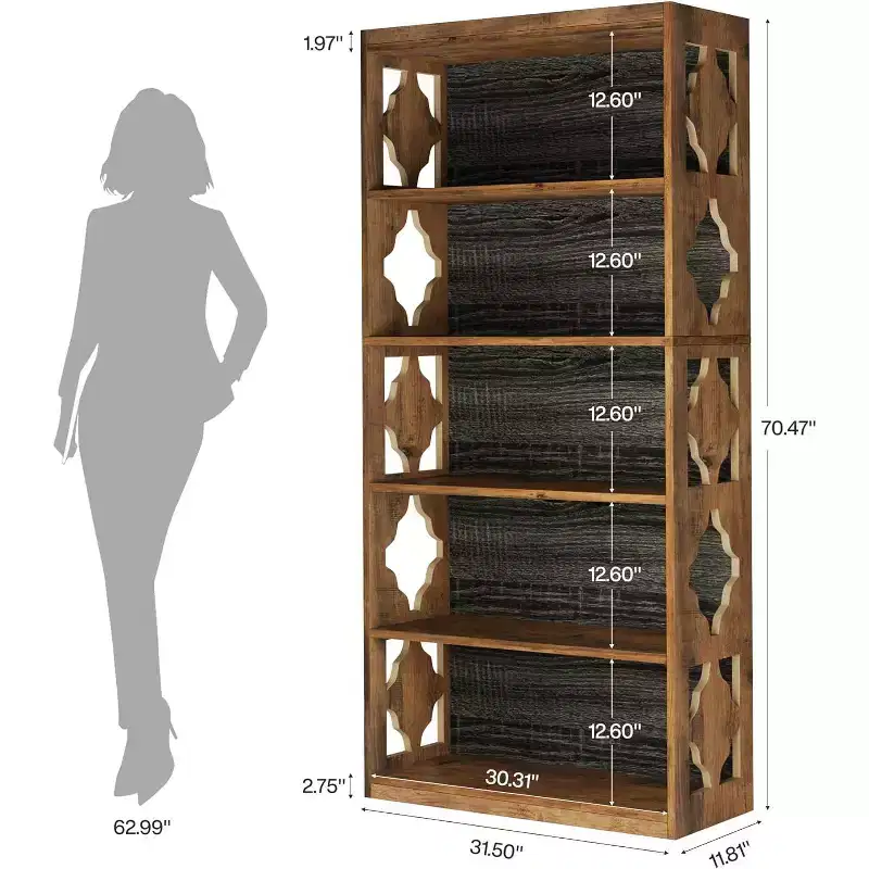 Lantine 6-Tier Bookcase, 70-Inch Tall Freestanding Bookshelf with Storage Shelves, Wood Display Shelving Unit for Living Room, Vintage Brown & Gray