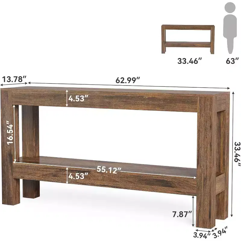 Lantine 63-Inch Wood Entryway Table, Long Farmhouse Narrow Console Table with 2-Tier Shelves for Living Room, Hallway, Behind Couch, Brown