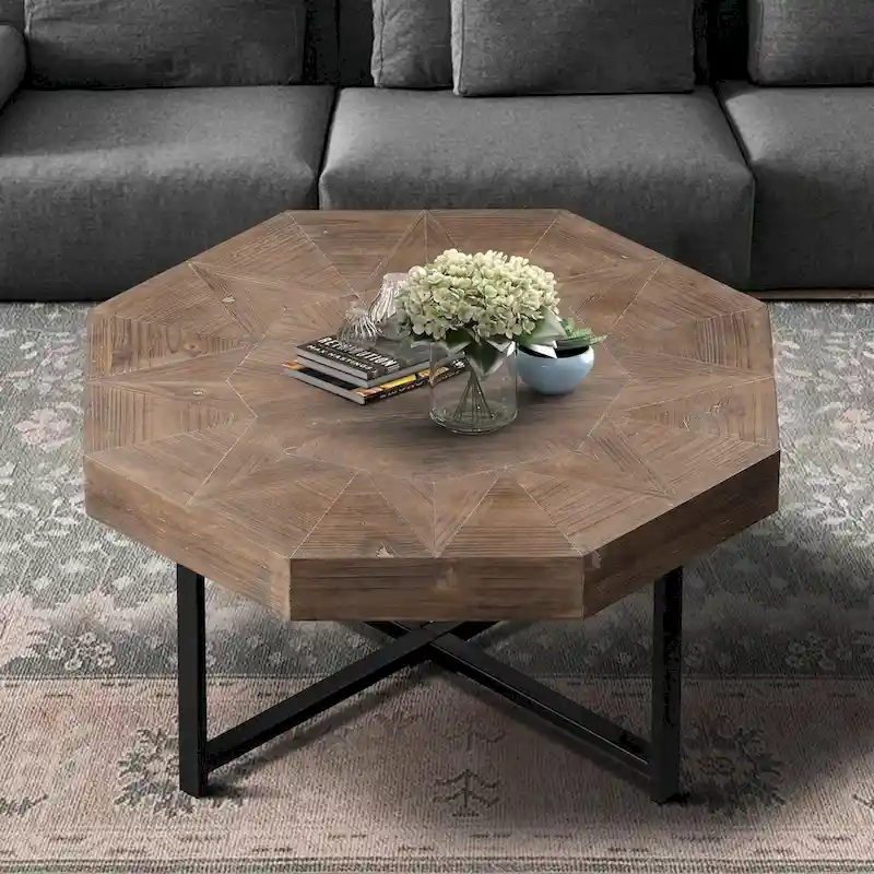 Octagonal Solid Wood Vintage Patchwork Coffee Table with Metal Frame