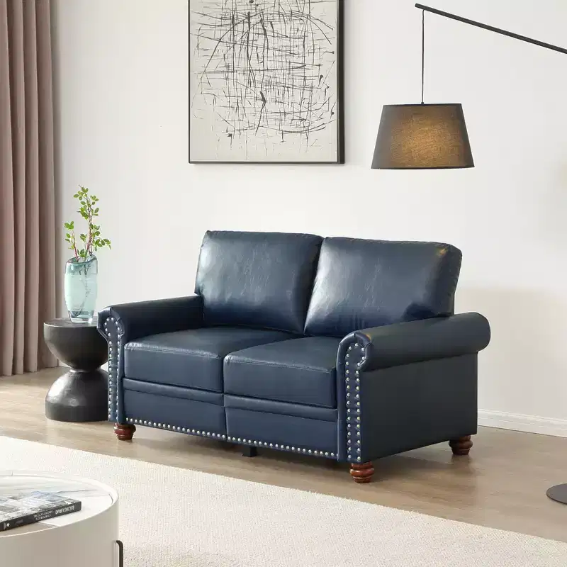 MAYEERTY Loveseat Sofa with Round Arm Silver Nails Couch Faux Leather for Liiving Room Office Navy Blue