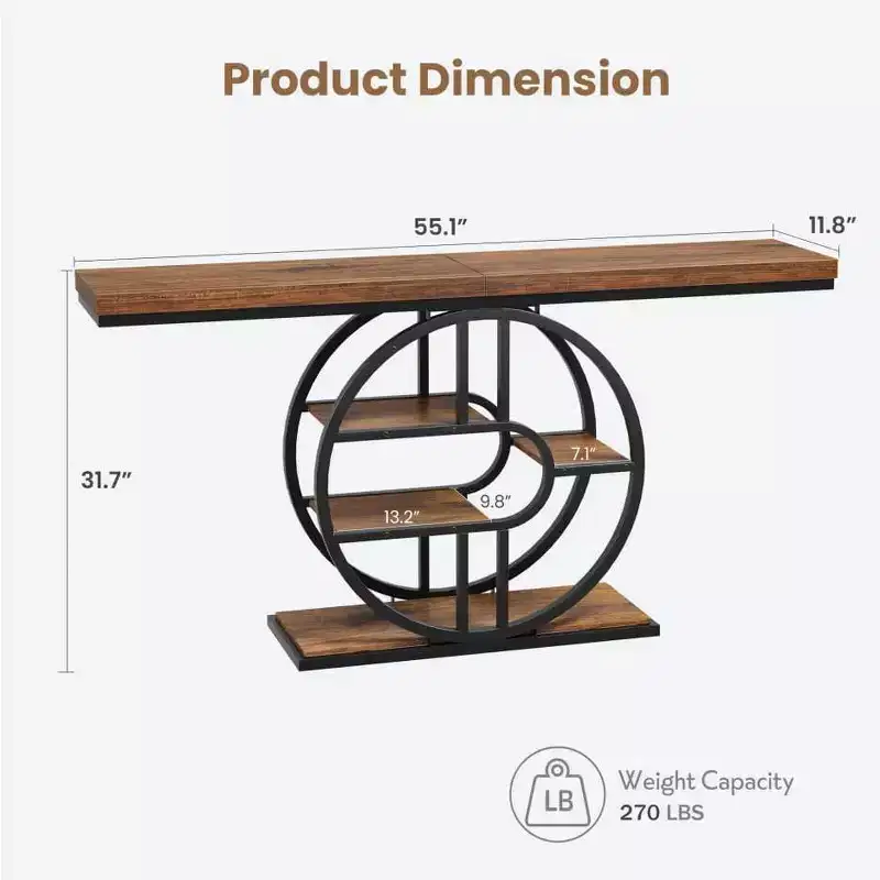 55 Industrial Narrow Table with 5-Tier Storage, Heavy-Duty O-Shaped Metal Frame Console Table for Living Room Space-Saving Long Entrance Table