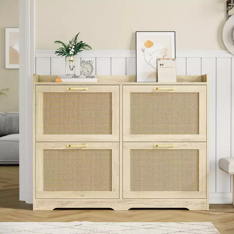 Freestanding Wooden Shoe Cabinet with 4 Flip-Up Doors Natural Rattan Style