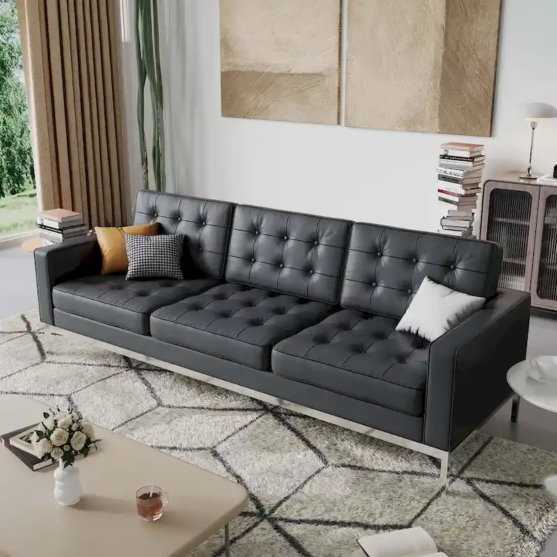Tufted Leather Three-Seat Sofa with Stainless Steel Legs Brown Black White