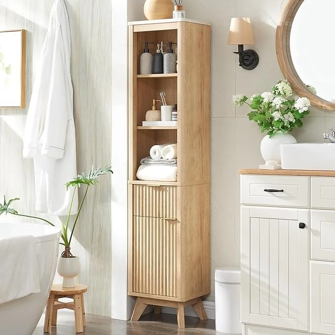68 Tall Bathroom Narrow Storage Cabinet with Faux Marble Top