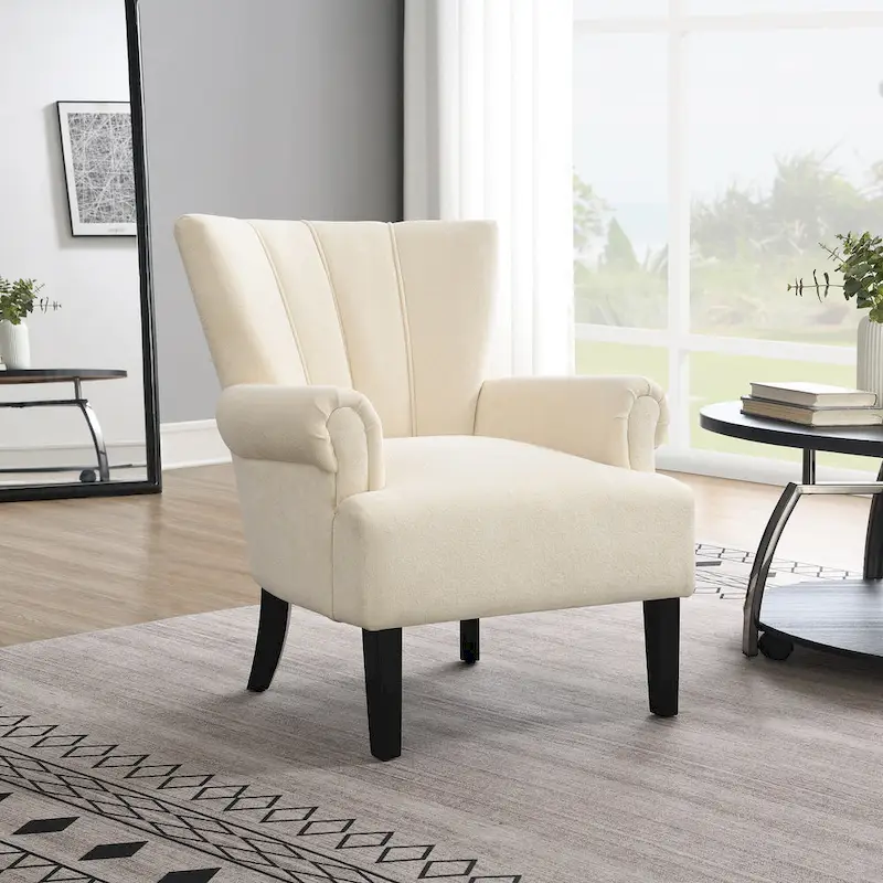 Beige Channel Back Accent Armchair Soft Fabric Upholstered with Black Wood Legs