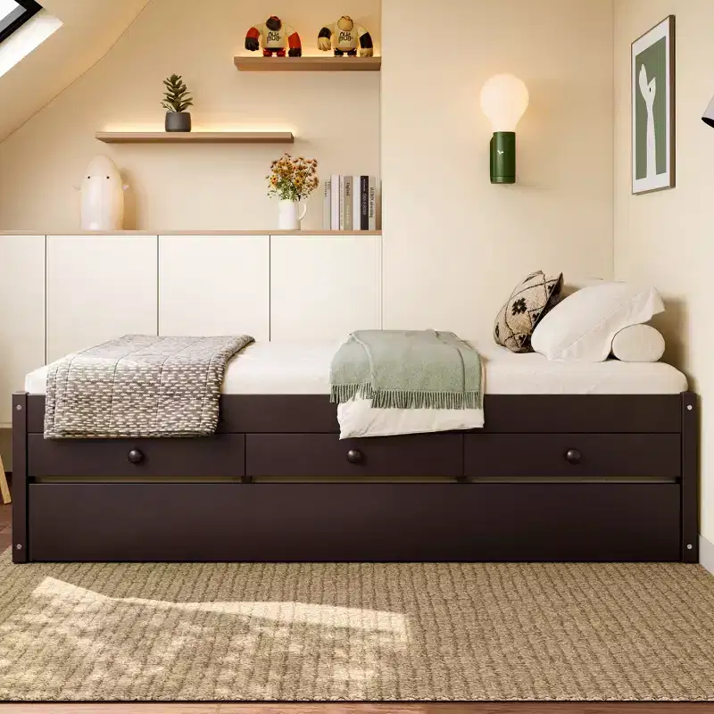 Twin/Full Platform Bed with Trundle, 2 Drawers & Charging Station, Solid Wood Bed Frame - ModernLuxe