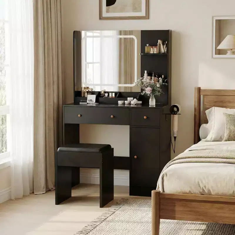 Vanity Desk with Mirror and Lights, Makeup Vanity Table Set with Power Hub, 3 Lighting Modes, Drawers & Storage Shelves, Dressing Table for Bedroom