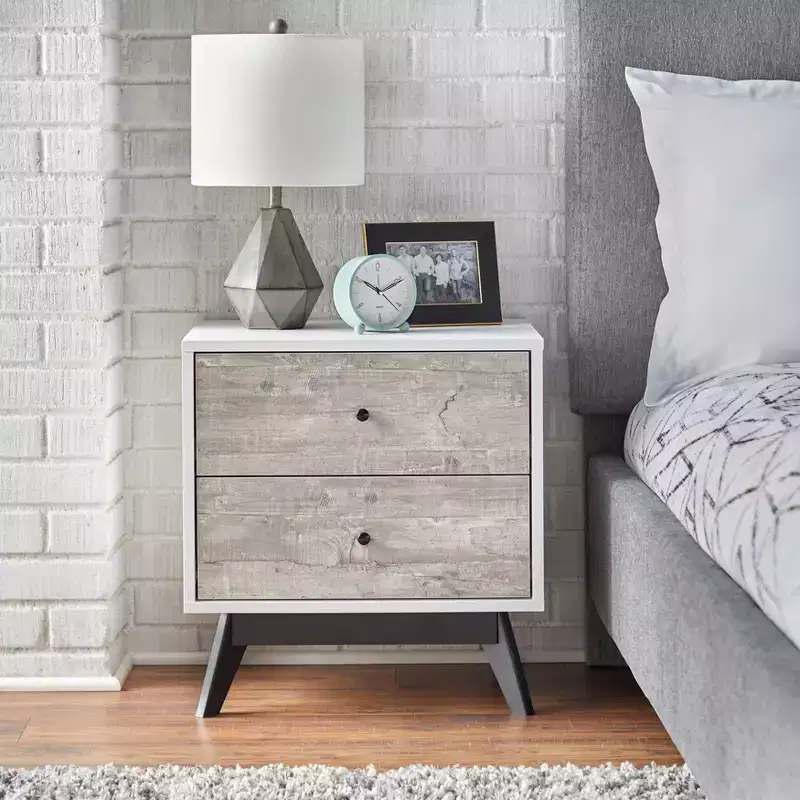 Mid-Century 2-Drawer Nightstand �C White & Weathered Gray