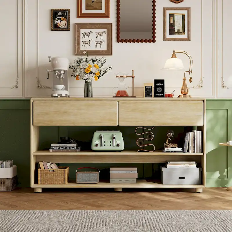 Natural Wood Wash 2-Drawer Console Table with Shelves