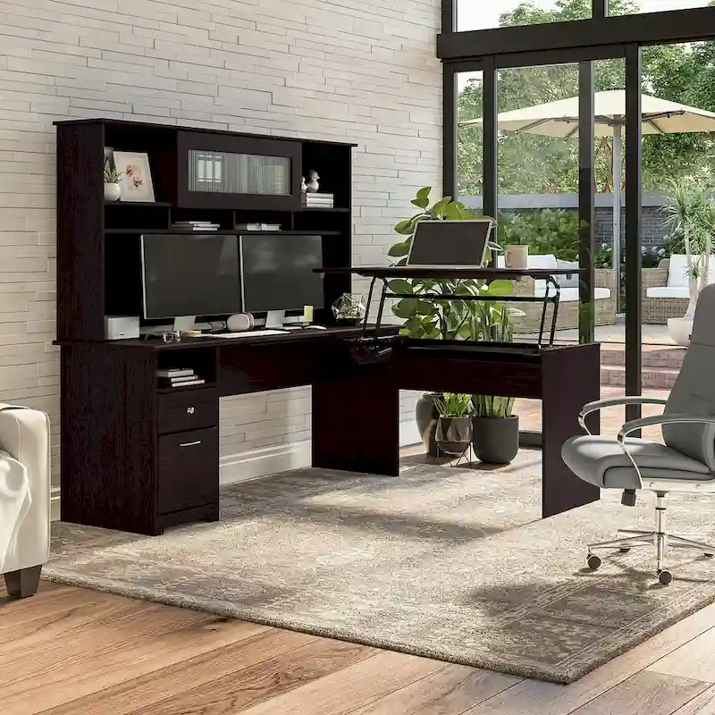 72W 3-position L-shaped Sit to Stand Desk with Hutch