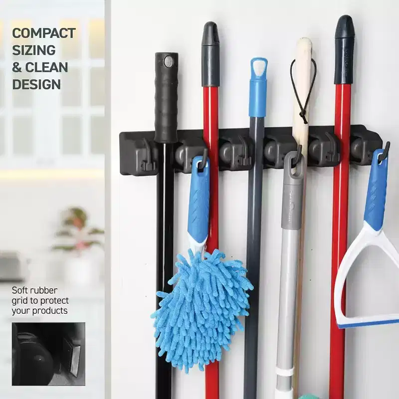 Broom & Mop Holder Rack | 5 Slots & 6 Hooks | Garage & Garden Tool Organizer | 7.5 lb Capacity Per Slot
