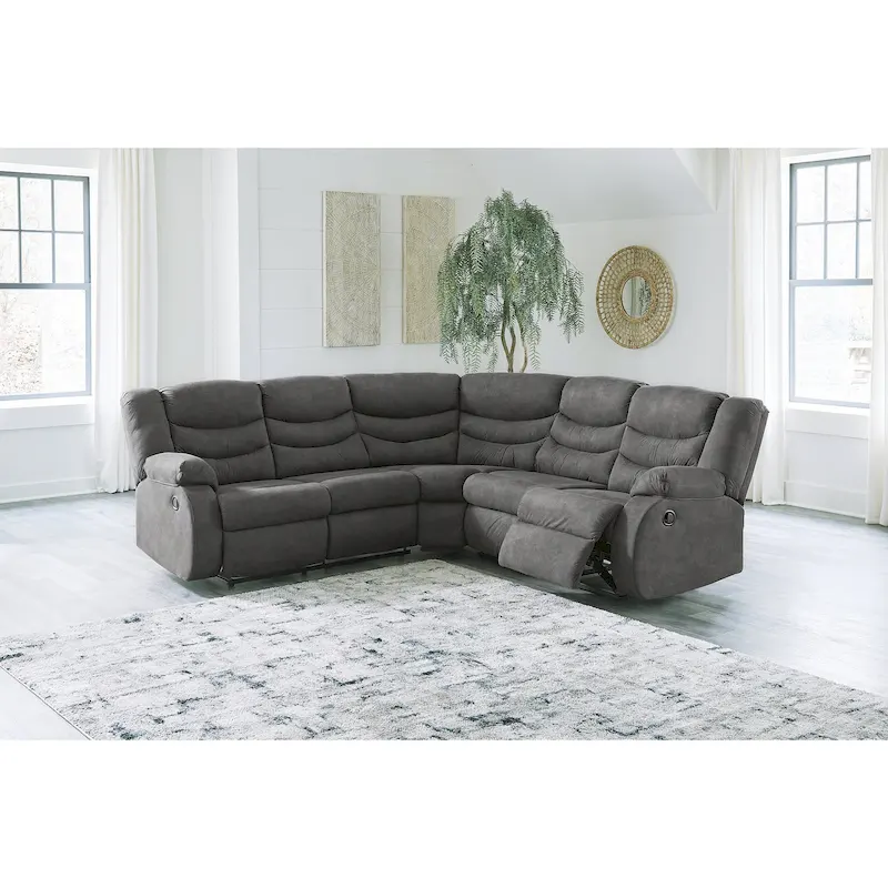 Grey / Brown Faux Leather Reclining Sectional, 2-Seat, Pull Tab